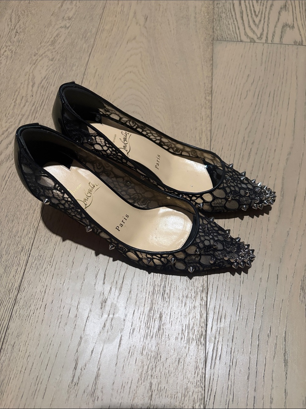 Christian Louboutin Black Lace Pointed-Toe Studded Heels
